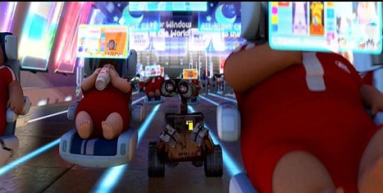 皮克斯動畫工作室拍攝的《機器人總動員》的劇照。在這部動畫片描繪的未來世界，人們因為過度依賴技術成為大胖子，失去了行走能力