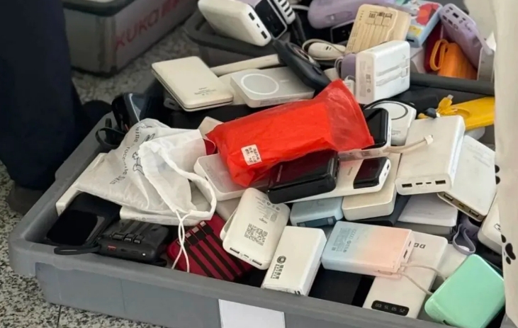 網上流傳的現場圖片顯示成筐的充電寶在機場被攔下 圖片來源：國家應急廣播