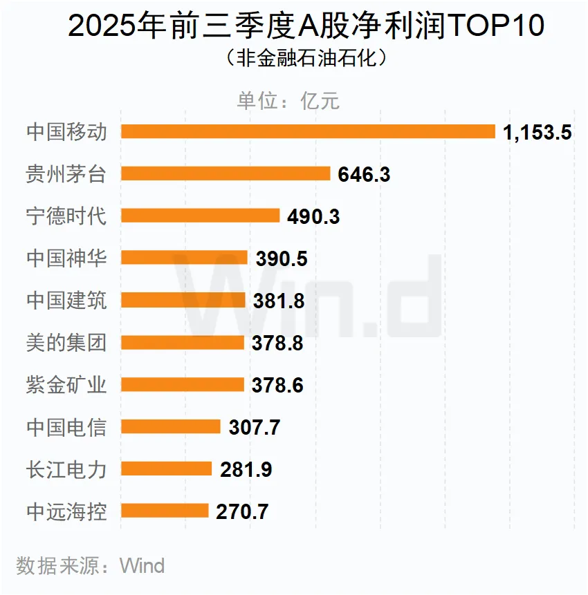 2025年前三季度A股凈利潤TOP10(非金融石油石化) 2025年前三季度A股凈利潤TOP10(非金融石油石化)