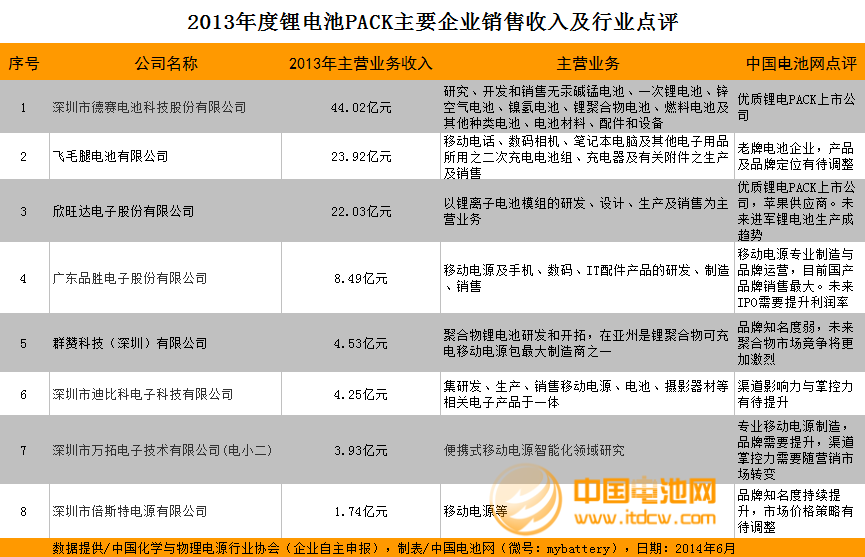 2013年度鋰電池PACK主要企業(yè)銷售收入及點評