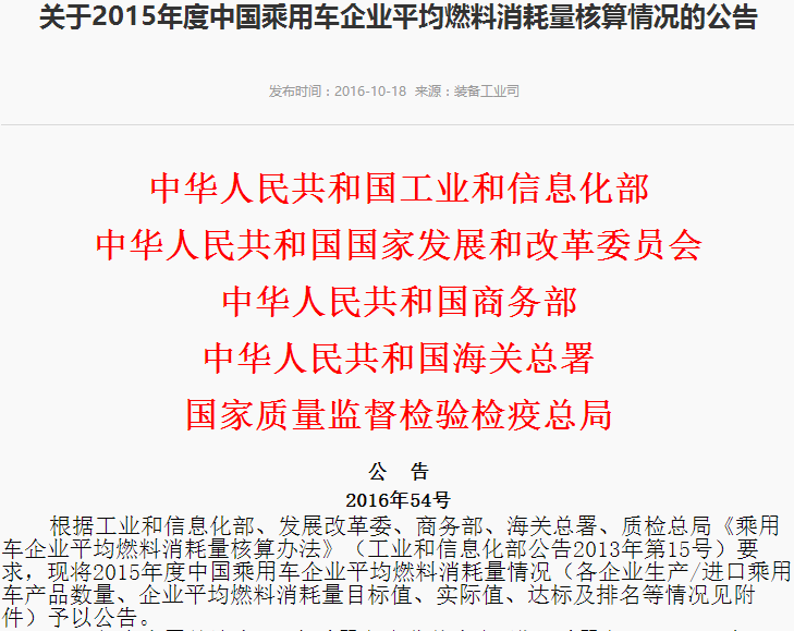 工信部:2015年度中國乘用車企平均燃料消耗量為6.65 工信部:2015年度中國乘用車企平均燃料消耗量為6.65