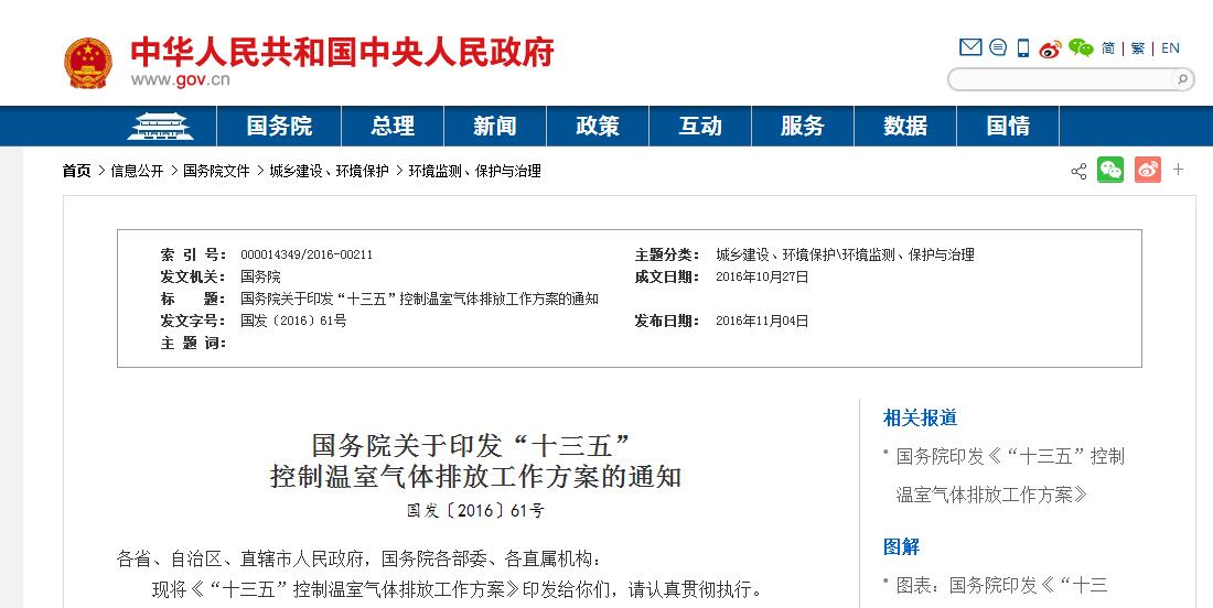 國務院關于印發“十三五”控制溫室氣體排放工作方案的通知 