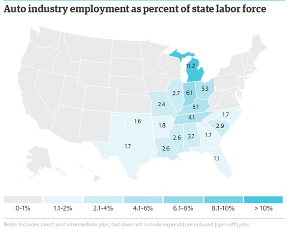 美國(guó)汽車制造業(yè)分布（籃色愈深表示汽車業(yè)勞動(dòng)力占比愈高）與特朗普選民分布（紅色越深，支持比例越高）比較圖