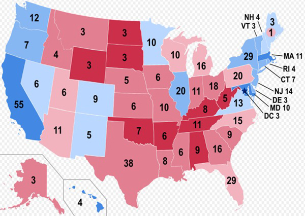 美國(guó)汽車制造業(yè)分布（籃色愈深表示汽車業(yè)勞動(dòng)力占比愈高）與特朗普選民分布（紅色越深，支持比例越高）比較圖