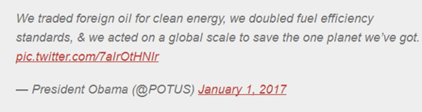 奧巴馬離職前最后一個元旦發(fā)推特，為任內燃油經濟性標準翻倍擺功