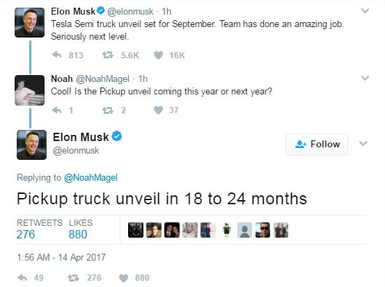 特斯拉電動汽車戰線擴大！馬斯克宣布今秋發布卡車