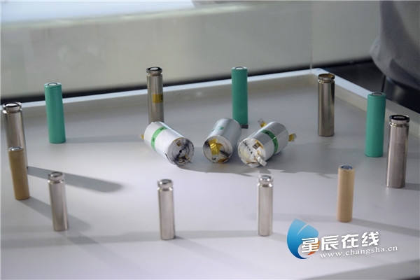 (展示廳內展示的動力電池。)