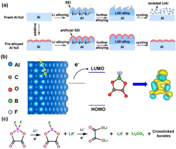 （a）通過同步預合金化以及構筑人造SEI膜提高鋁負極循環穩定性的機制；（b）DFOB-在鋁負極表面的還原機制以及DFOB-接受電子后的電荷差分圖；（c）DFOB-通過開環反應進行還原和聚合的機制