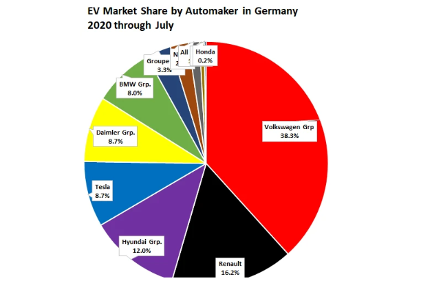 7月份每家汽車制造商電動汽車在德國的市場份額 7月份每家汽車制造商電動汽車在德國的市場份額