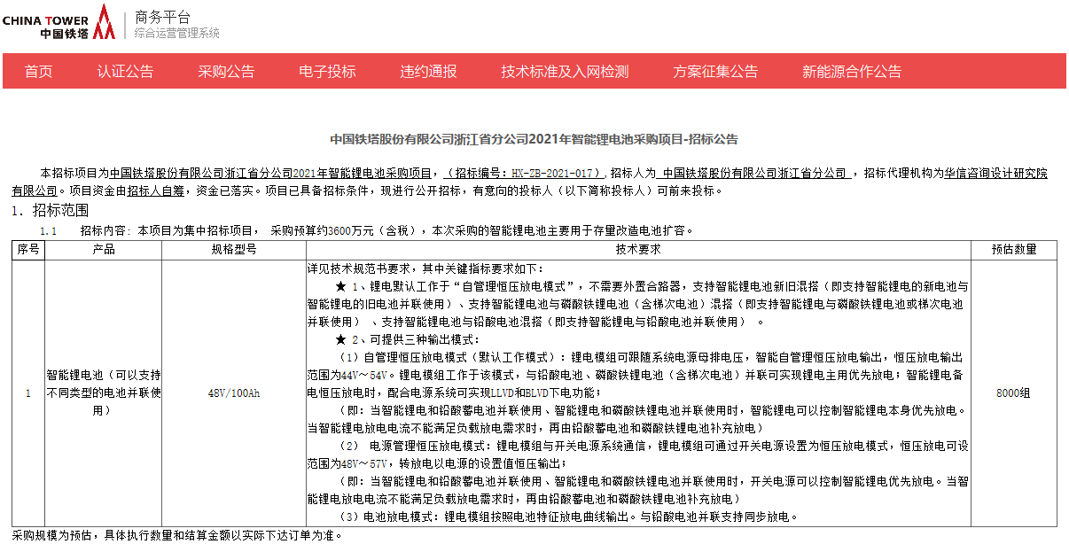 中國鐵塔浙江省分公司2021年智能鋰電池采購項目