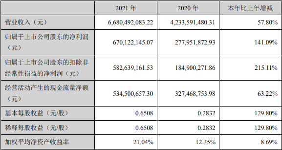 蔚藍鋰芯2021年度主要會計數據和財務指標（單位：元）