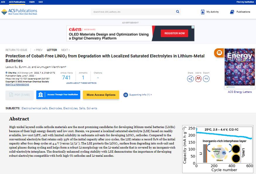 科學(xué)家開發(fā)新型電解液體系 助力無鈷高鎳鋰電池性能提升