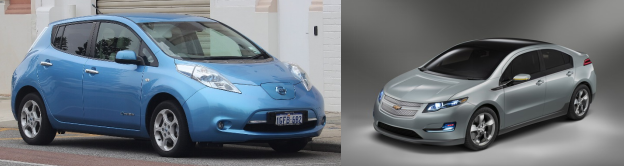 圖片：第一代純電汽車，如日產聆風（左）和雪佛蘭volt（右）