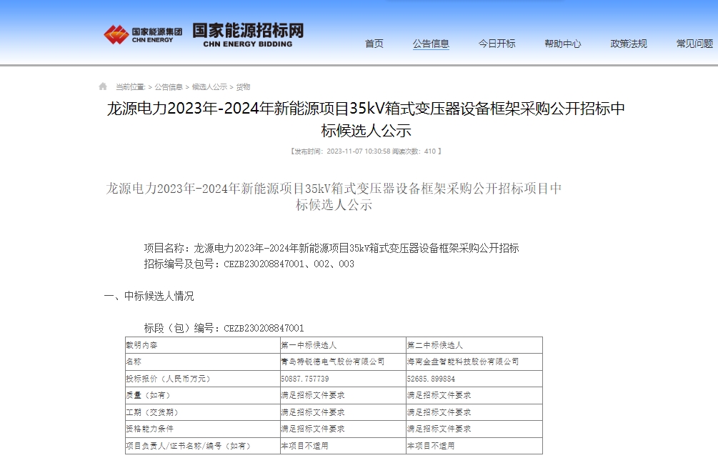 超5億！特銳德預中標龍源電力新能源項目35kV箱式變壓器項目