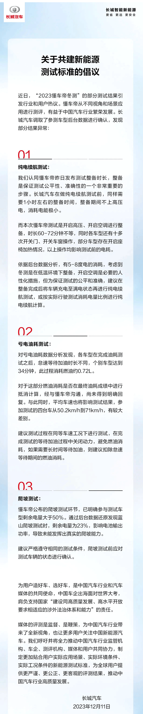 長(zhǎng)城汽車發(fā)布共建中國(guó)新能源測(cè)試標(biāo)準(zhǔn)的倡議