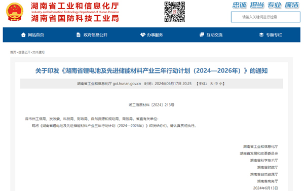 湖南省鋰電池及先進儲能材料產業三年行動計劃(2024-2026年) 湖南省鋰電池及先進儲能材料產業三年行動計劃(2024-2026年)