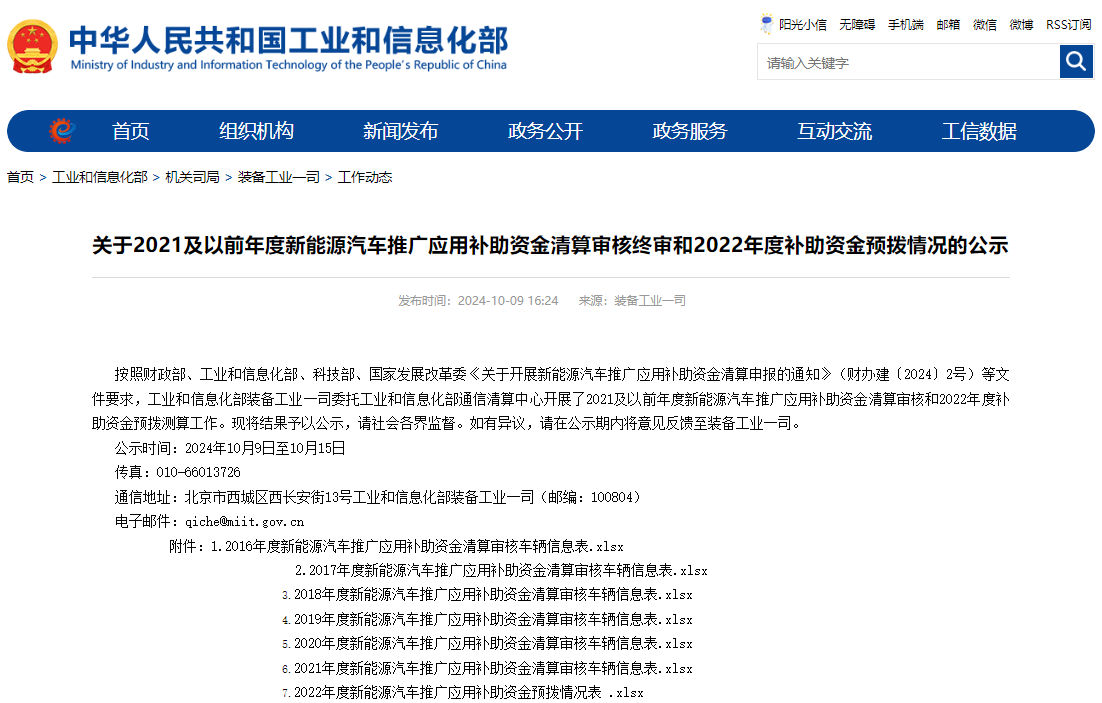 關于2021及以前年度新能源汽車推廣應用補助資金清算審核終審和2022年度補助資金預撥情況的公示
